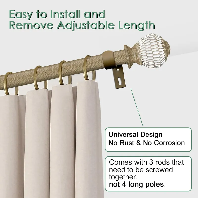 Byondeth Window Curtain Rod with Wood Grain Leaf Pattern Finials